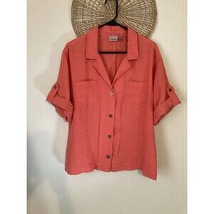 Chico's Blouse Womens Size 2 100% Linen Salmon 3/4 Convertible Sleeve Button Up